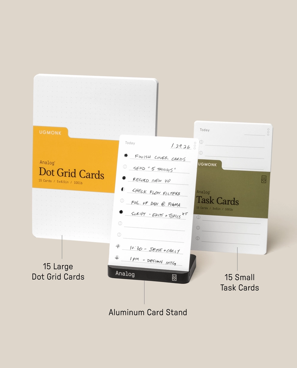 Analog Starter Kit (Black 5-Pack): 15 Large Dot Grid Cards, 15 Small Task Cards and the Aluminum Card Stand